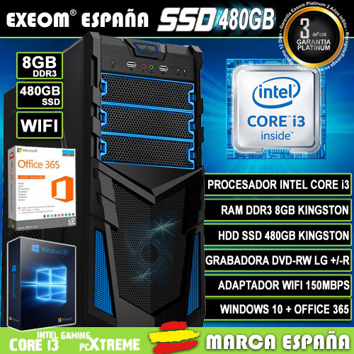 Ordenador Gaming Pc Intel Core i3 8GB SSD 480GB Windows 10 Office 365