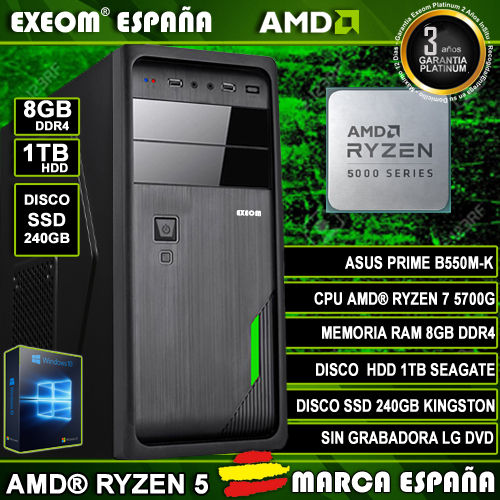 Ordenador Gaming Pc AMD Ryzen 5 5600G 8GB 1TB SSD 240GB de Sobremesa Windows 10