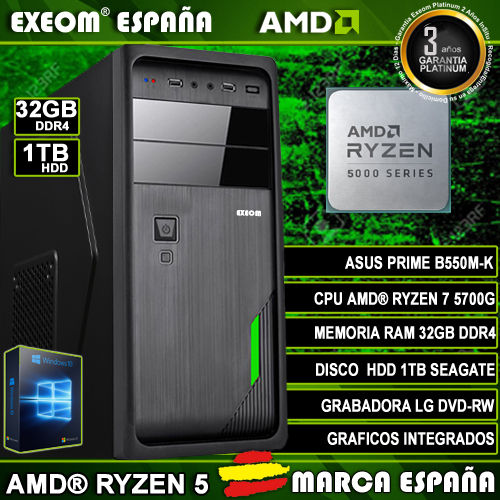 Ordenador Gaming Pc AMD Ryzen 5 5600G 32GB DDR4 1TB de Sobremesa Windows 10