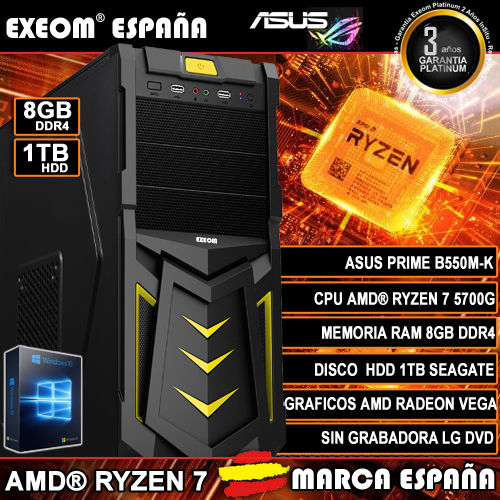 Ordenador Gaming Pc AMD Ryzen 7 5700G 8GB DDR4 1TB de Sobremesa Windows 10