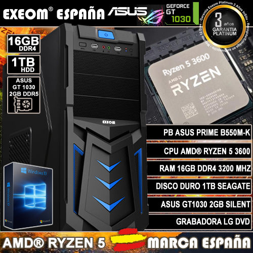 Ordenador Gaming Pc AMD Ryzen 5 3600 16GB HDD 1TB GT1030 2GB Sobremesa Windows