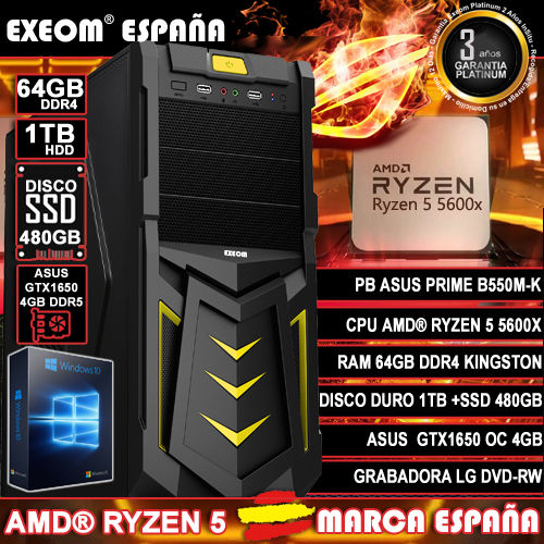 Ordenador Gaming Pc AMD Ryzen 5 5600X 64GB 1TB SSD 480GB GTX1650 4GB Sobremesa