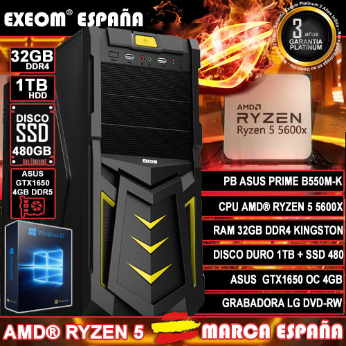 Ordenador Gaming Pc AMD Ryzen 5 5600X 32GB 1TB SSD 480GB GTX1650 4GB Sobremesa