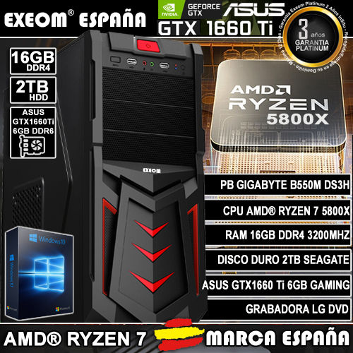Ordenador Gaming Pc AMD Ryzen 7 5800X 16GB HDD 2TB GTX1660 6GB Sobremesa Windows