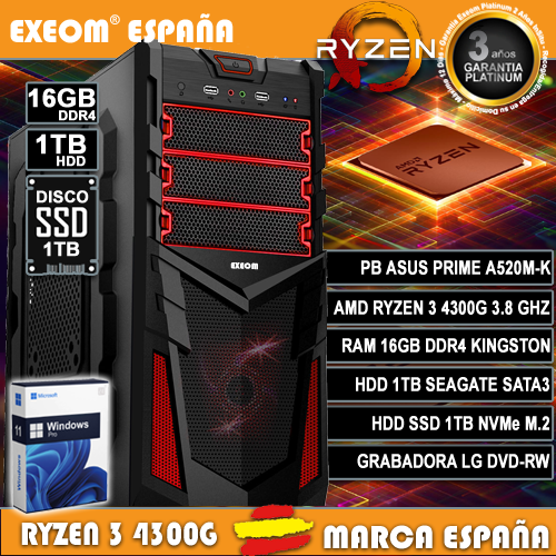 Ordenador Gaming Pc AMD Ryzen 3 4300G 8GB DDR4 1TB SSD 1TB de Sobremesa Windows 11