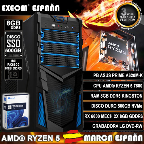 Ordenador Gaming Pc AMD Ryzen 5 7600 8GB 500GB SSD RX6600 8GB Sobremesa Windows