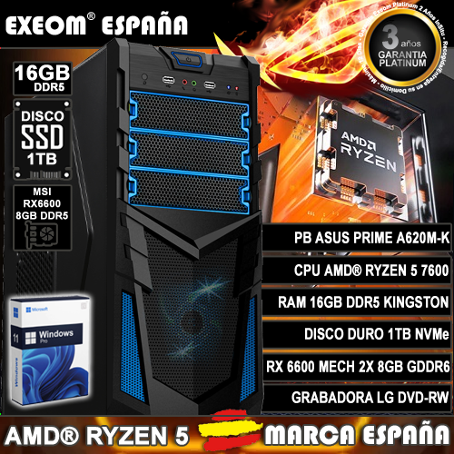 Ordenador Gaming Pc AMD Ryzen 5 7600 16GB 1TB SSD RX6600 8GB Sobremesa Windows